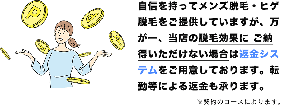 自信を持ってメンズ脱毛・ヒゲ脱毛をご提供していますが、万が一、当店の脱毛効果に ご納得いただけない場合は返金システムをご用意しております。転勤等による返金も承ります。