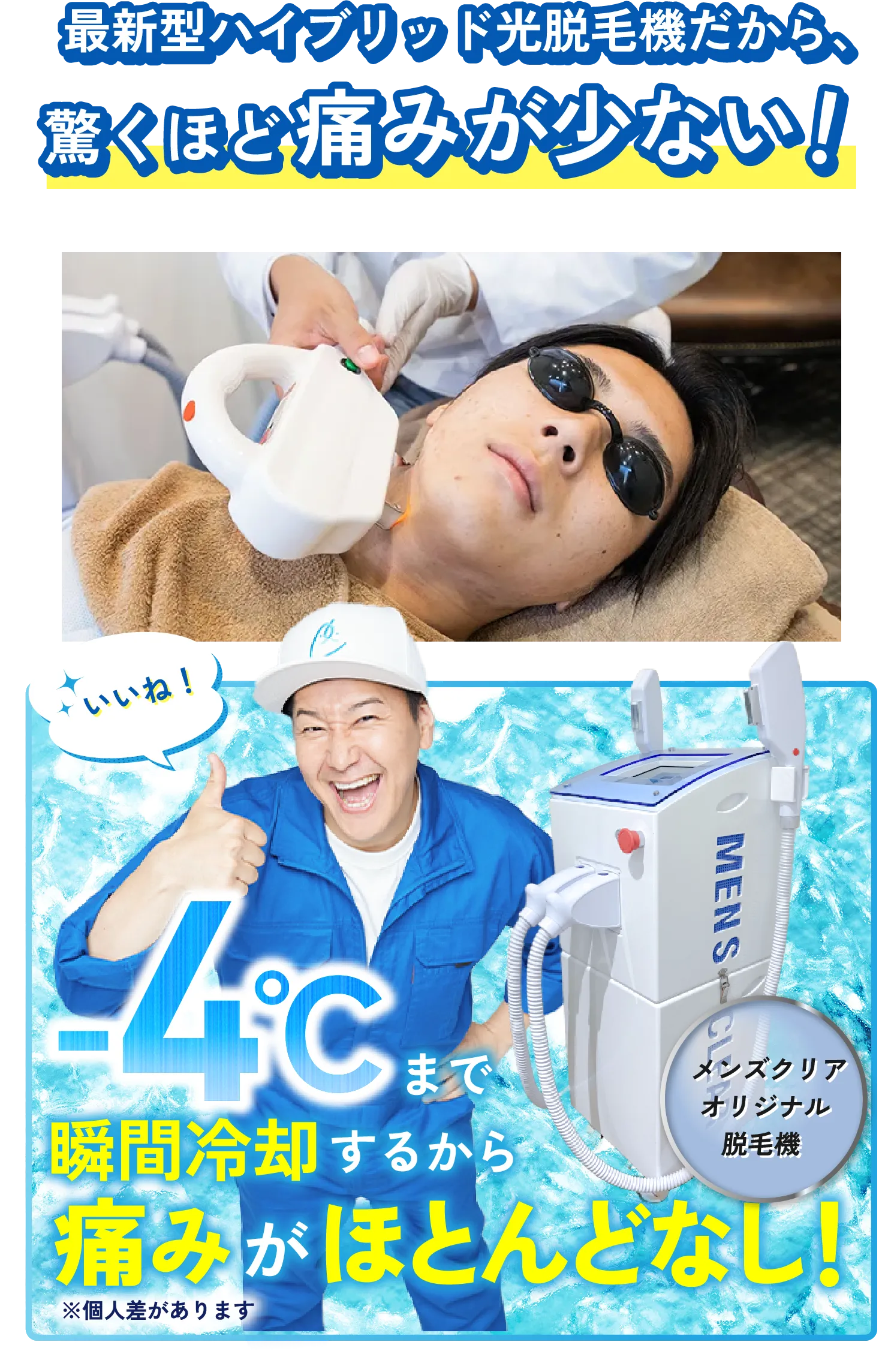 最新型ハイブリッド光脱毛機だから、
        驚くほど痛みが少ない！