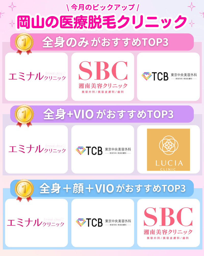 医療脱毛 おすすめ 岡山 TOP3